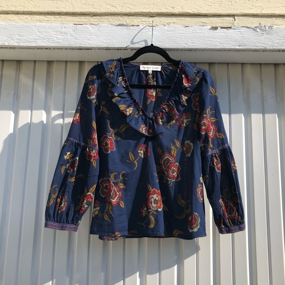 Madewell x Warm blue floral ruffle blouse‎